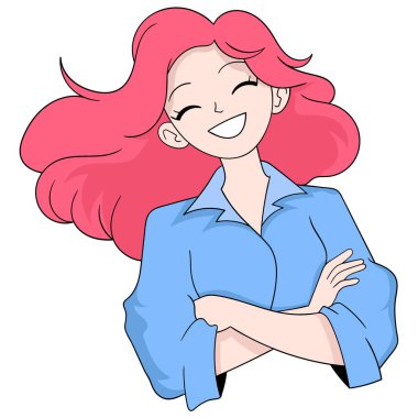 Çizgi film çizimi, güzel kızıl saçlı, gülen bir yüzü olan iş kadını.