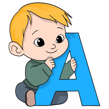 İlk öğrenmenin karalama çizimi, bebek çocuk A harfini tanımayı öğrenirken oynuyor.