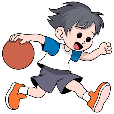 Spor aktivitelerinin karalama çiziminin resmi. Mutlu yüzlü genç bir adam tek başına basketbol topu sürüyor.
