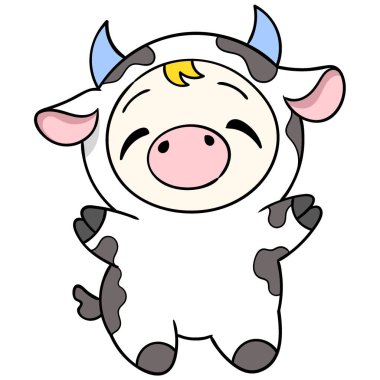 Sevimli hayvan karakterlerinin karalama çiziminin resmi. Hasat sezonunu kutlamak için dans eden bir süt ineği.