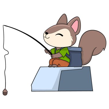 Garip davranan hayvanların karikatür çizimi, okul çantası taşıyan bir sincap tek başına balık tutuyordu.