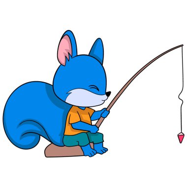 Garip davranan hayvanların karikatür çizimi. Mavi gelincik tek başına balık tutuyor.