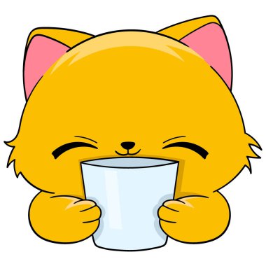 Garip davranan hayvanların çizgi film çizimleri, sarı kedi bir bardak dolusu taze içme suyu tutuyor.