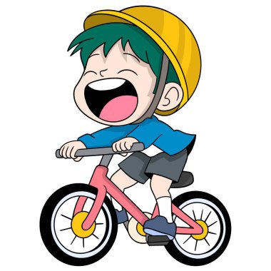Çocuk aktivitelerinin karikatür karalaması, çocuk emniyet kaskı kullanarak bisiklet sürmekten mutlu.