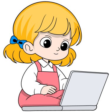 Çizgi film aktiviteleri, güzel sarışın bir kız çalışmak için dizüstü bilgisayar kullanıyor.