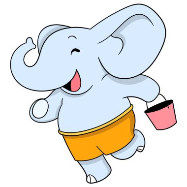 Hayvanlar hakkında karalama yapmak, banyo yapmak için kova taşıyan şort giyen bir fil.