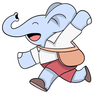 Hayvanların faaliyetlerini anlatan karikatürler, okula giderken askı taşıyan üniforma giyen bir fil.