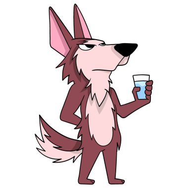 cartoon doodle of animals doing activities, red furred wolf was standing carrying a glass of water clipart