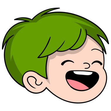 İnsan çizgi filmi karalaması, yeşil saçlı, mutlu yüzlü bir çocuk kafası.