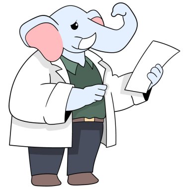 Hayvanların faaliyetlerini karalayan bir karikatür, bir fil doktor ayakta duruyor ve hasta sağlığı verilerini analiz ediyor.