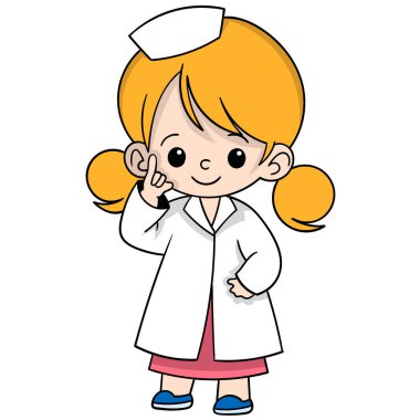 doodle cartoon of medical worker, beautiful girl as nurse in hospital