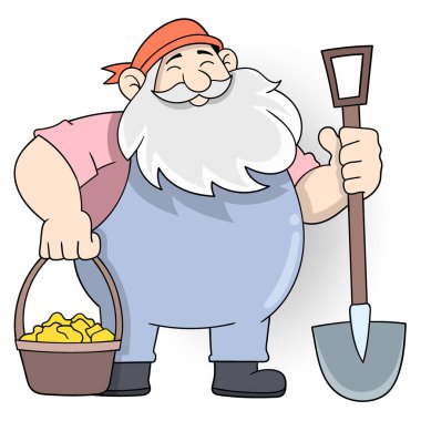 karikatür karalaması işçi aktivitesi, kürek taşıyan yaşlı adam altın çıkarıyor.