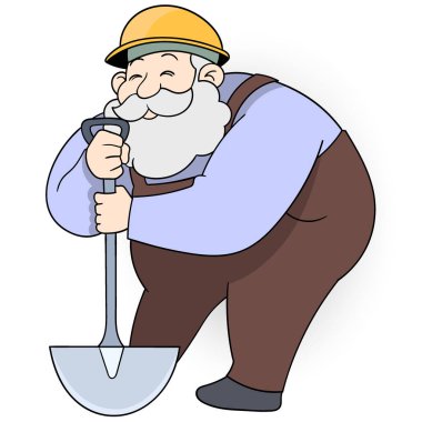 karikatür çizimi işçi aktivitesi, kürek taşıyan yaşlı bir adam bir maden kazıyor.