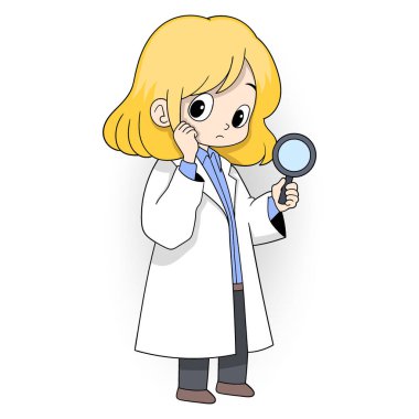 Sağlık ve bakım işçilerinin faaliyetlerinin karalaması, tıbbi bilgi arayan bir büyüteç taşıyan güzel kadın doktor.