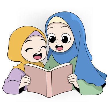 Müslüman eğitiminin karikatür çizimi, tesettürlü iki kız birlikte kitap okuyor.