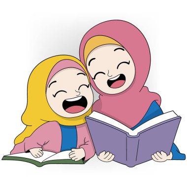 İki kızın birlikte okuduğu karikatür çizimi. Müslüman kızlar her zaman eğitime öncelik verir.