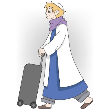 Açık renk saçlı bir gezgin geleneksel kıyafetlerle tasvir edilir, yuvarlanan bir bavulu iterek. Çizgi film karakteri mavi bir elbise içinde beyaz bir palto ve mor bir eşarp giyiyor.