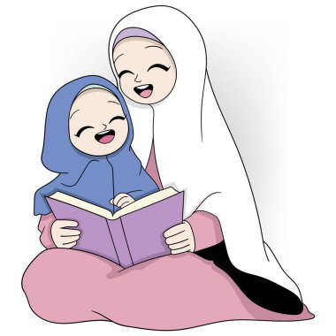 İslami dinin çizgi film çizimleri her zaman aile eğitimine öncelik verir, anne ve kız birlikte kitap okurlar.