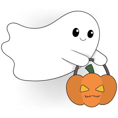 Cadılar Bayramı kutlamasının karikatür çizimi, beyaz bir hayalet balkabağı sepeti taşıyor.