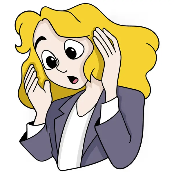 stock vector Cartoon of a shocked businesswoman with wide eyes and hands on her face.
