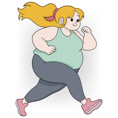 Sportif giysiler içinde koşan neşeli, iri yarı bir kadının çizgi filmi. Kilo kaybı ve form çizimleri için mükemmel..