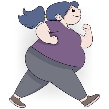 Atletizm kıyafetlerinde kilo vermek için yürüyen iri yarı, kararlı bir kadının karikatürü. Fitness ve sağlıkla ilgili çizimler için ideal.