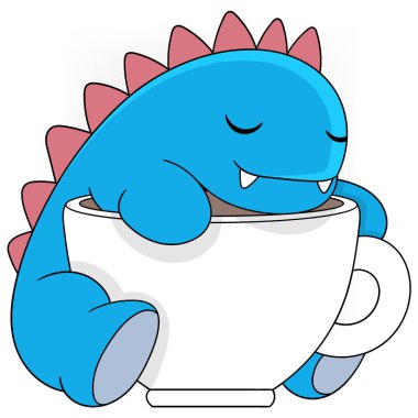 Bu büyüleyici resimde, yüzünde mutlu bir gülümsemeyle dev bir kahve fincanının içinde huzur içinde dinlenen sevimli mavi bir dinozor görülüyor..