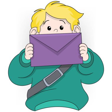 Sarı saçlı sevimli bir çizgi film çocuğu önünde büyük bir mor zarf tutuyor..