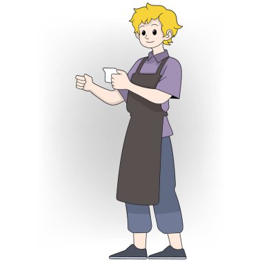 Bu resimde, espresso yaparken elinde küçük bir espresso bardağı tutan sarı saçlı bir barista var.