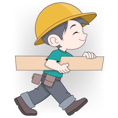Ahşap bir kalas taşıyan genç bir marangozun çizimi. Sarı bir şapka takıyor.