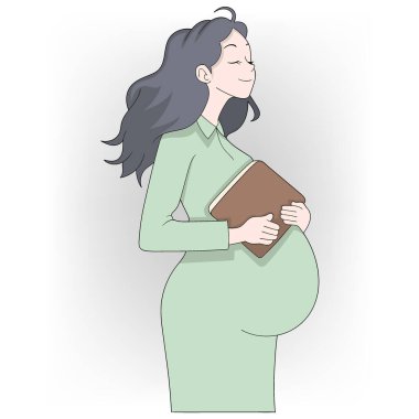 Açık yeşil bir elbise giymiş, elinde kitap tutan sakin hamile bir kadının resmi. Huzurlu bir ifadesi var.