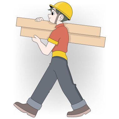 Omzunda tahta taşıyan çalışkan bir inşaat işçisinin çizimi..