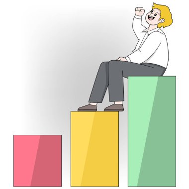 Yükselen bir bar grafiğinin tepesinde oturan başarılı bir iş adamının resmi, iş büyümesini simgeliyor..