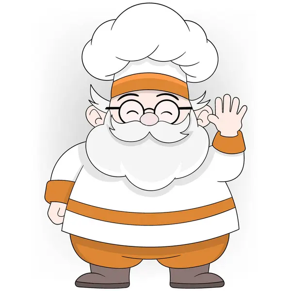 stock vector An illustration of a cheerful elderly chef with a white beard and glasses, wearing a white chef's outfit with orange accents.