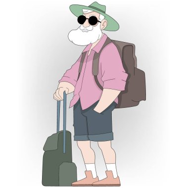 Beyaz sakallı, güneş gözlüklü, yeşil şapkalı, pembe gömlekli ve kot şortlu yaşlı bir adamın resmi..