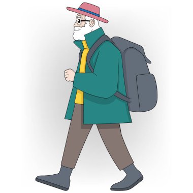 Beyaz sakallı, gözlüklü, pembe şapkalı, yeşil ceketli ve kahverengi pantolonlu yaşlı bir adamın resmi..