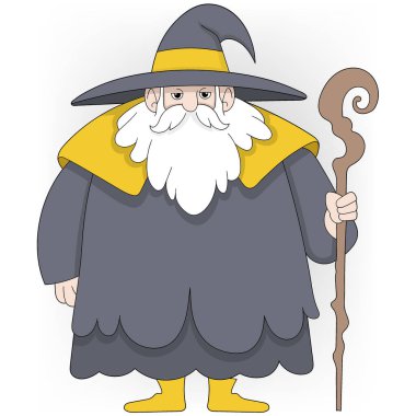 Uzun beyaz sakallı, büyük gri şapkalı ve sarı aksanlı mistik cübbeli bilge bir büyücünün resmi..