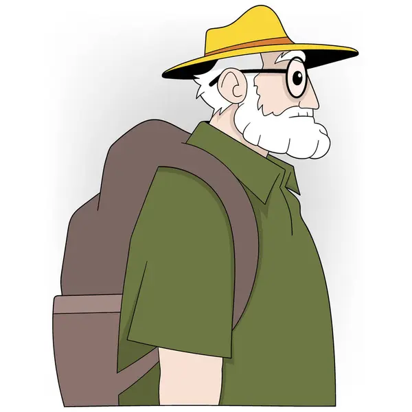 stock vector An illustrated side profile of an elderly man with a white beard and glasses, wearing a yellow hat and green shirt.