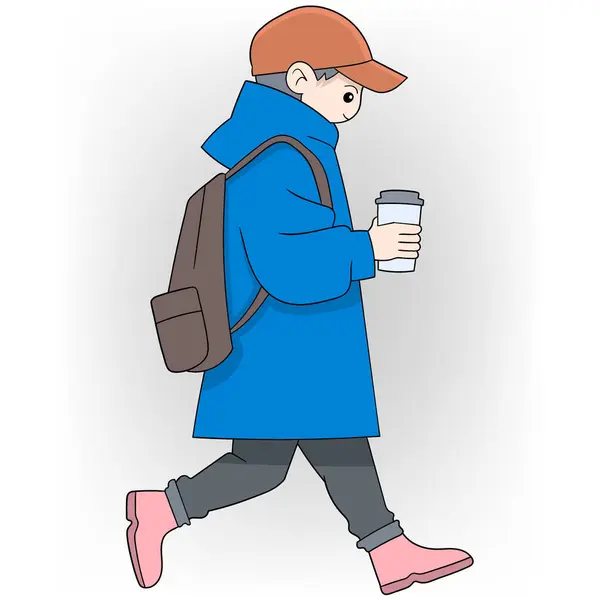 stock vector A cartoon style illustration of a person walking while carrying a coffee cup. The character is dressed in a blue coat