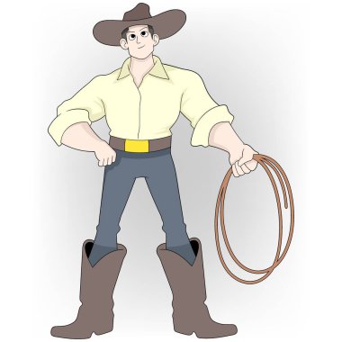 Büyük kaslı bir kovboy kementle oynuyor. Geleneksel Amerikan aktivitesinin bir örneği.