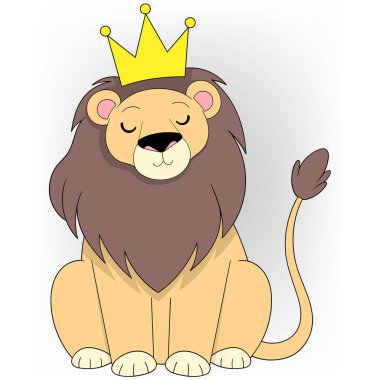 Kafasında taç olan bir aslan beyaz bir arka planda oturuyor. Aslan dinleniyor ve kameraya bakıyor gibi görünüyor.