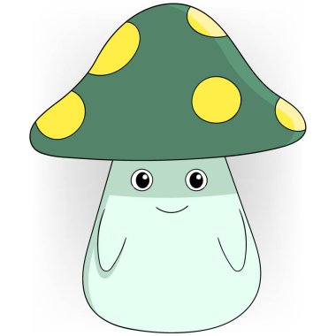 Üzerinde sarı noktalar olan bir çizgi film mantarı. Mantar gülümsüyor ve gözleri açık. Görüntü siyah beyaz.