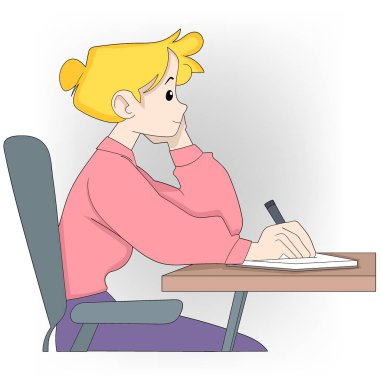 Masada oturan bir kız yazı yazıyor. Pembe bir gömlek giyiyor ve sarı saçları var.