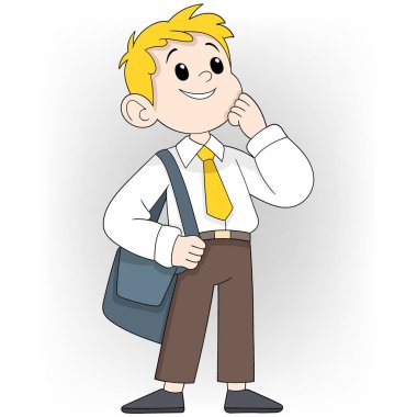 Sırt çantası ve sarı kravatlı bir çizgi film karakteri. Mutlu işçi