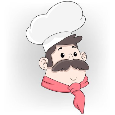 Çizgi film çizimi amblemi, basit çizim, aşçı şapkası takan aşçı.