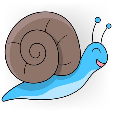 Hayvan, yumuşakça hayvan, tatlı kahverengi kabuklu salyangoz besin ararken yavaşça yürüyen karikatür çizimi.