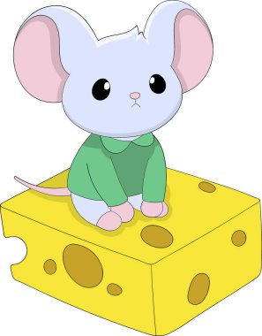 Şirin hayvan maması karikatür çizimi, şirin fare büyük peynir tanelerinden yemek için dışarıda oturuyor.