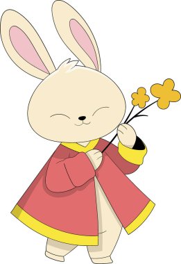 Bu vektör illüstrasyonunda geleneksel Çin kıyafeti giymiş sevimli bir tavşan, yeni yılı kutlamak için elinde küçük bir buket çiçek tutuyor, özellikle Tavşan Yılı 'nı.