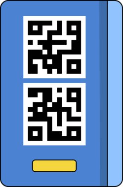 Bu vektör illüstrasyonu, kolay restoran menüsü erişimi için tasarlanmış mavi arka planda iki QR kodlu bir dijital kartı gösterir.