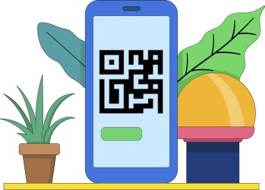 Bu vektör illüstrasyonu, dekoratif bitkiler ve modern bir lambayla çevrili bir QR kodunu gösteren bir akıllı telefonu içerir.